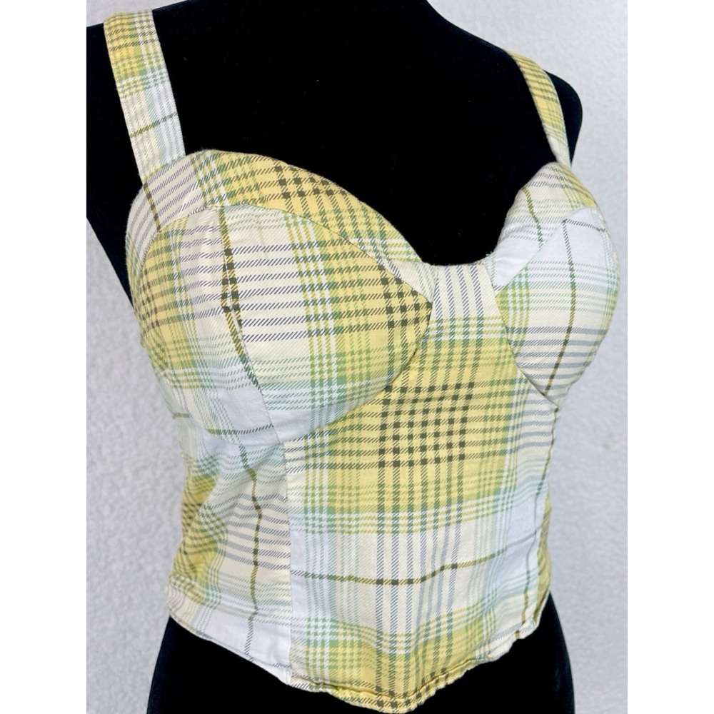 TWINE & STRING • Yellow/Green/White/Brown Plaid Bustier Smocked Crop Top, L - Picture 11 of 16